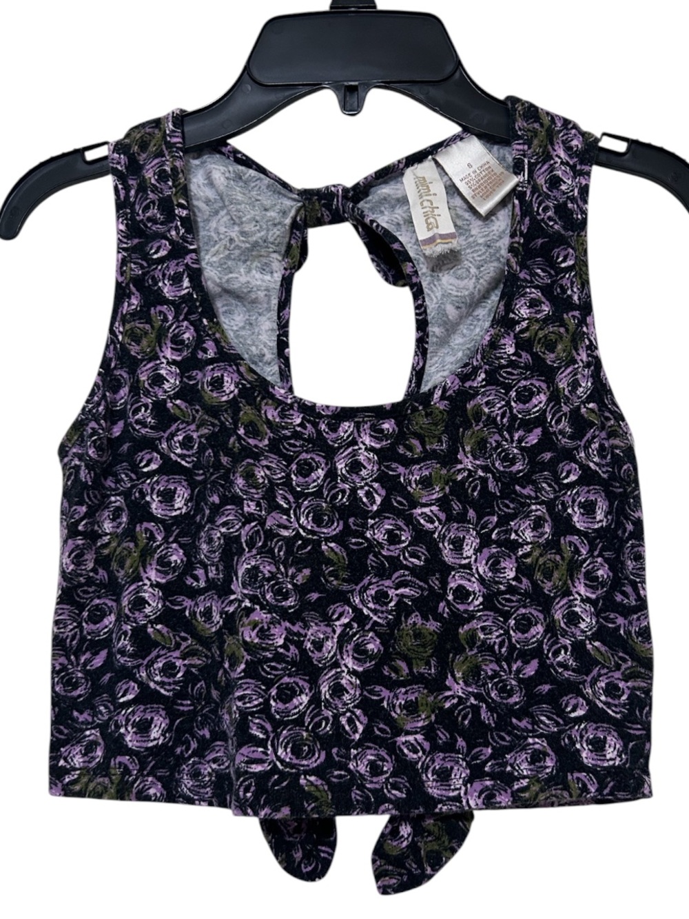 Mimi Chica Floral Tie Back Tank Crop Top Purple Black Rose Print Small